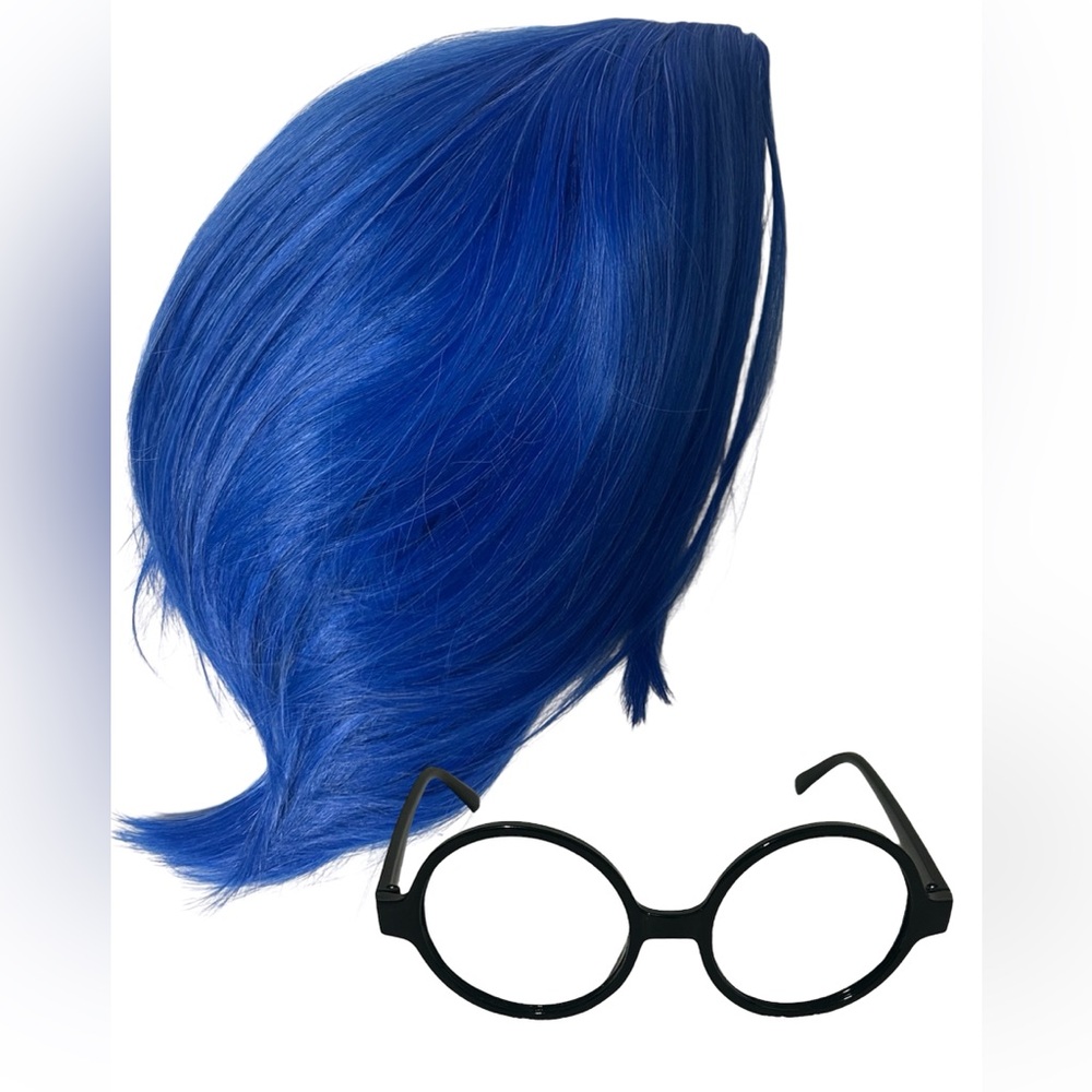 SYNTHETIC BLUE WIG & GLASSES SET ADULT HALLOWEEN COSTUME INSIDE OUT COSTUME
